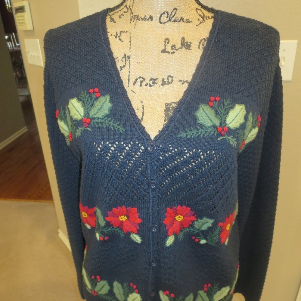 Navy Women's LIZ CLAIBORNE Christmas Sweater w Poinsettias Sz M